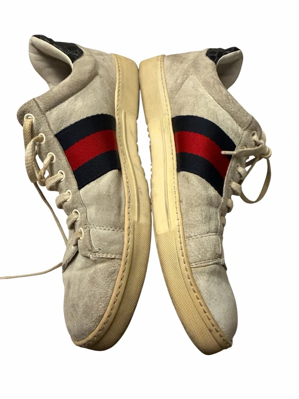 Gucci Beige Suede Sneakers with Red & Navy Web Stripe,pre-owned,SZ 8
